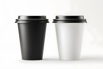 Two disposable coffee cups with black lids on table, minimalist design