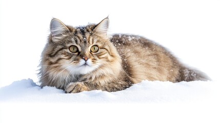 Fluffy cat resting in snow, showcasing its beautiful fur and eyes