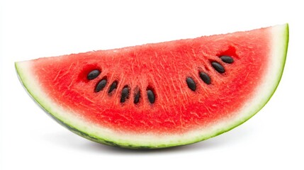 A juicy slice of watermelon with vibrant red flesh and black seeds, Each slice’s rich red color and subtle imperfections captured with precision