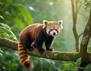 Adorable Red Panda Perched on a Tree Branch.Ailurus fulgens.