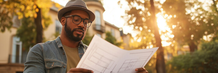 A thoughtful architect examines detailed blueprints outdoors, surrounded by vibrant autumn foliage, as the golden sunlight of a late afternoon filters through the trees.