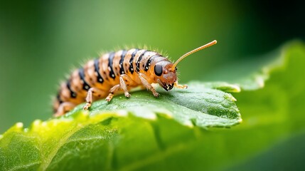 Close-up of an orange and black larva on a green leaf.