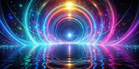 Fototapeta premium A cosmic portal of vibrant neon rings and shimmering stardust reflected on a tranquil body of water.