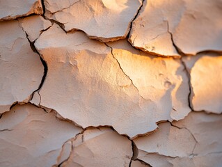 Close-up of cracked, dry earth at sunset.