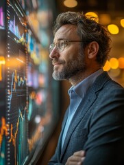 Obraz premium Businessman Analyzing Financial Data on Digital Display at Office