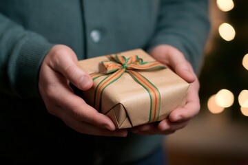 Close-up of hands holding a small gift wrapped in brown paper with a green and gold ribbon, bokeh lights in background.