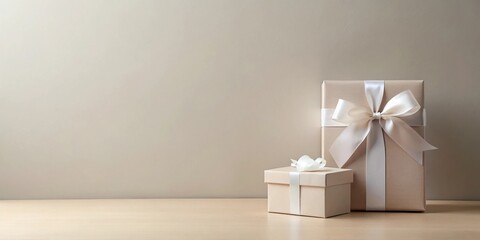 Elegant gifts wrapped in beige paper with ivory bows, sitting on a light wood surface against a neutral background