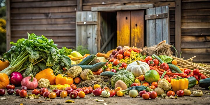 Spoiled fruits and vegetables left abandoned on a farm, showcasing food loss and waste, rotten, produce, agriculture, spoiled
