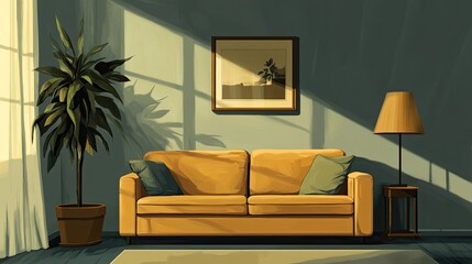 Sunlit Living Room with Mustard Sofa and Plant