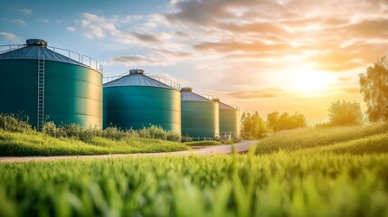 Obraz premium Storing Green Biogas in Anaerobic Digestion Tanks for Carbon-Neutral Power Generation. Concept Anaerobic Digestion, Green Biogas, Power Generation, Carbon-Neutral, Storage Tanks