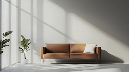 Fototapeta premium Modern Brown Leather Sofa In Minimalist Room Setting