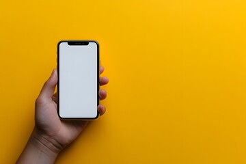 Hand holding smartphone with blank screen against vibrant yellow background