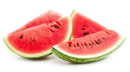 A luscious ripe watermelon sliced into juicy wedges, Each slice's vibrant red flesh contrasted with its dark seeds, Set against an isolated white background to showcase its refreshing appeal 