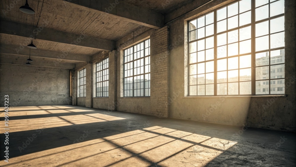 Poster sunlight filters through large windows casting dramatic shadows across the space highlighting the te