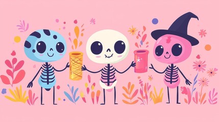Fototapeta premium Cute Cartoon Skeletons Holding Colorful Treats in a Floral Background