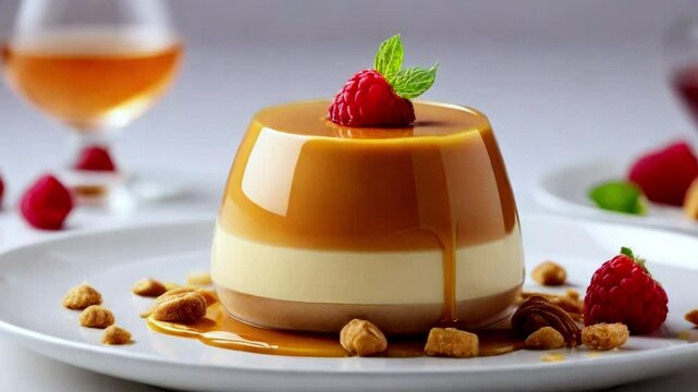 Caramel panna cotta on a white plate
