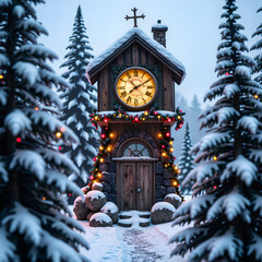 Charming snow covered clock tower adorned with holiday lights and evergreen trees, digital painting of fantasy landscape concept.