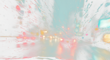 Here's a description following your specifications

 Rainy night city driving, blurred lights, raindrops on windshield.