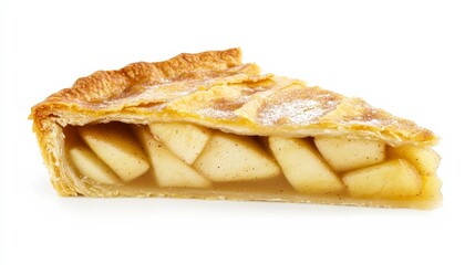 A luscious slice of homemade apple pie with a flaky golden crust, Each slice brimming with tender, cinnamon-spiced apples