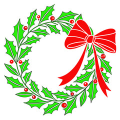 Naklejka premium A holly wreath with a red bow and berries, perfect for festive Christmas decorations.