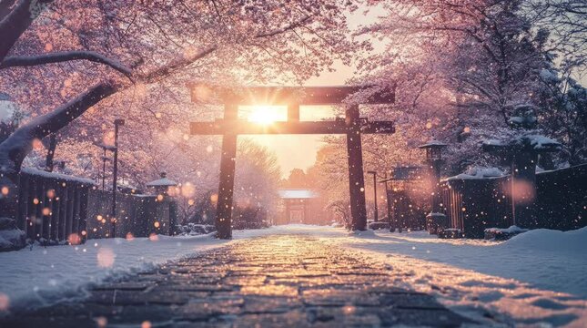 landscape of tori gate in winter. Virtual 4K video animation background with looping time lapse with very smooth graphics.
