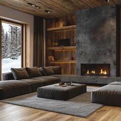 Modern Mountain Cabin Living Room With Fireplace