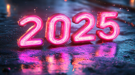 Futuristic '2025' neon text perfect for New Year celebrations, tech events, or promotional materials showcasing innovations and nightlife themes.