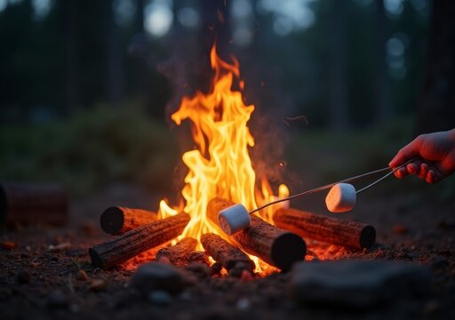 Enjoying a cozy campfire while roasting marshmallows in the forest at dusk