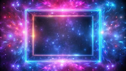 Obraz premium Neon glowing picture frame with abstract galaxy portal and fluorescent disco background, Neon, glossy, rectangle, glowing