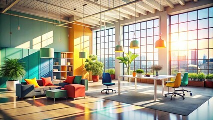Fototapeta premium Vibrant Loft Apartment Design with Sunlit Workspace and Colorful Furniture