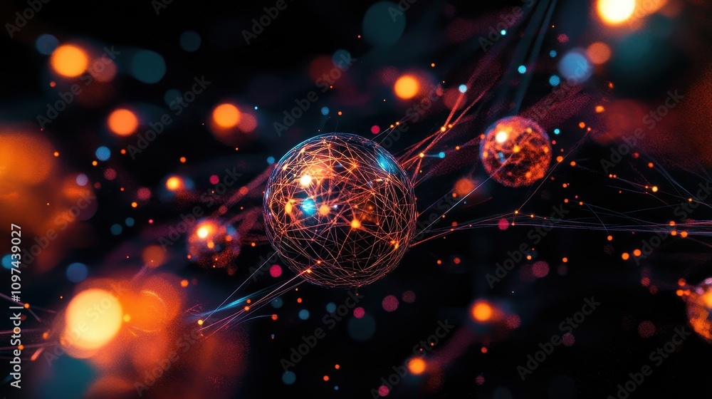 Aufkleber abstract sphere network glowing nodes and connections in dark space - digital art background