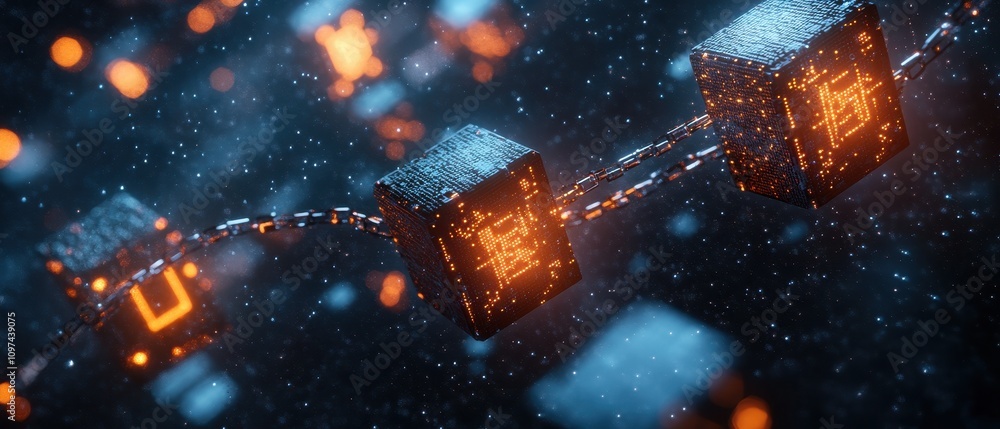 Poster futuristic blockchain technology illuminated cubes connected by a chain in a dark, glittering space 