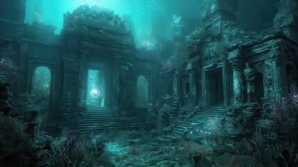 Enigmatic Underwater Ruins Sunken Temple with Glowing Orb and Aquatic Flora - Fantasy Digital Art