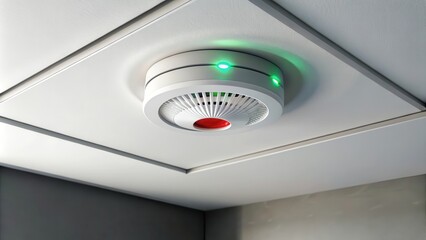 Ceiling-mounted smoke detector with illuminated green status indicator