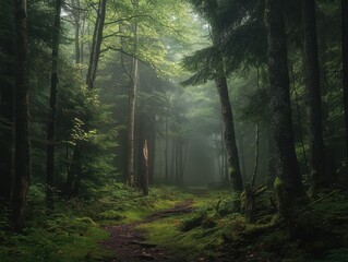 Obraz premium Enchanting Misty Forest Path Serene Green Woodland Trail Through Lush Foliage and Ancient Trees