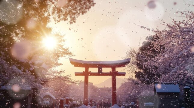 winter in the torii gate. Virtual 4K video animation background with looping time lapse with very smooth graphics.