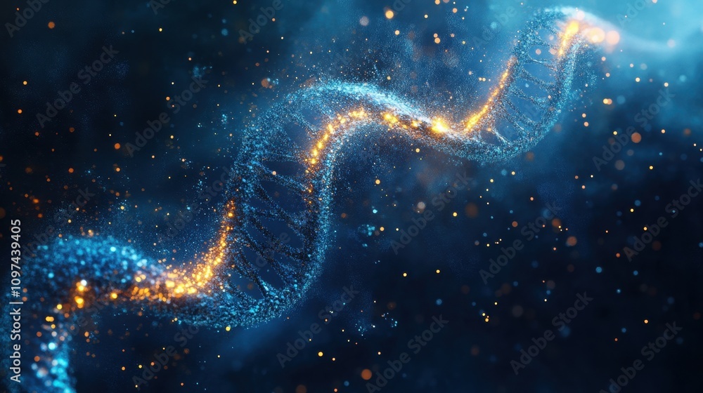 Poster glowing abstract dna strand 3d render of particle helix for science, technology, and genetic concept
