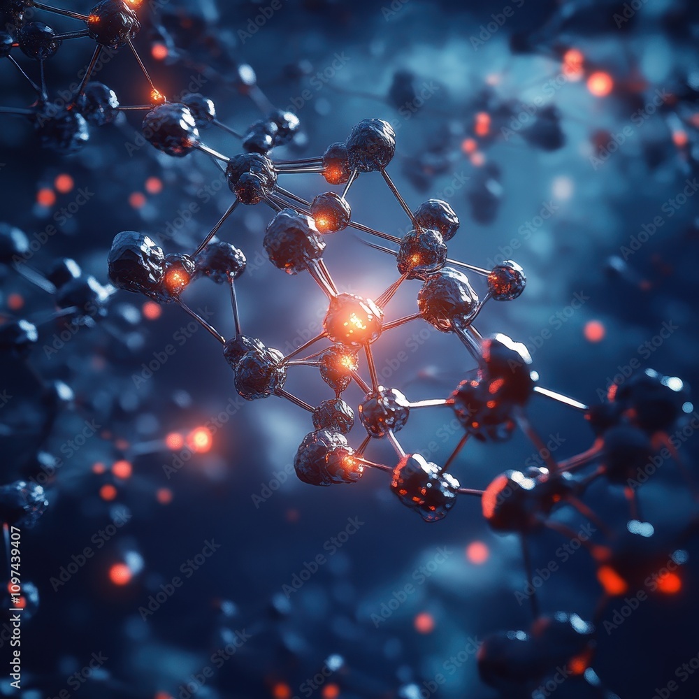 Poster abstract 3d rendering of a molecular structure with glowing nodes and connections, nanotechnology, s