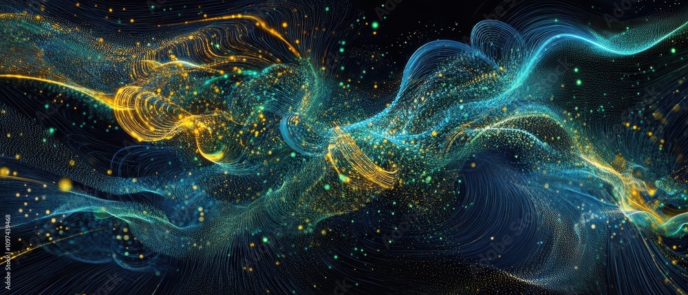 Poster abstract cosmic nebula swirling gold and teal particle waves background - high-resolution digital ar