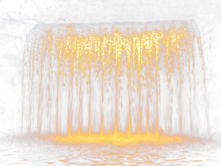 Illuminated waterfall at night, cascading water glows golden.