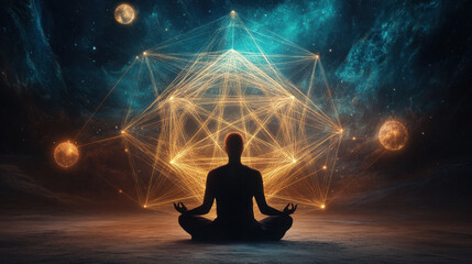 Emotional Balance. A serene figure meditates amid a cosmic backdrop, surrounded by glowing geometric shapes and celestial elements, symbolizing inner peace and universal connection.