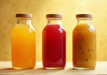 Refreshing fruit juices in glass bottles on a wooden surface with warm lighting