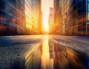 アスファルトの反射やビルの窓に映る夕日が、都市の活気を象徴する形状を生み出す　金色や青白い光が都会のエネルギーを感じさせる都市景観