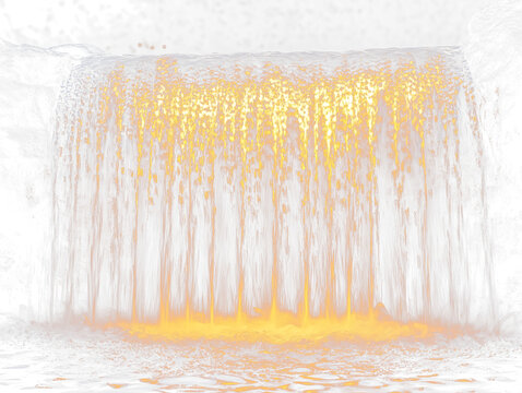 Illuminated waterfall at night, cascading water glows golden.
