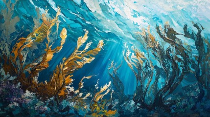 Underwater kelp forest scene with sunbeams penetrating the water, showcasing vibrant colors and textures of seaweed.