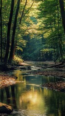 Forest River: Sunlight Dappled Stream, Autumn Leaves, Tranquil Nature Scene