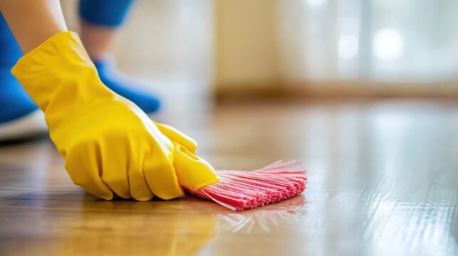 Cleaning House Floor: A Close-Up of a Person Wearing Yellow Gloves Using a Pink Cleaning Brush to Sweep the Wooden Floor, Keeping it Clean and Spotless