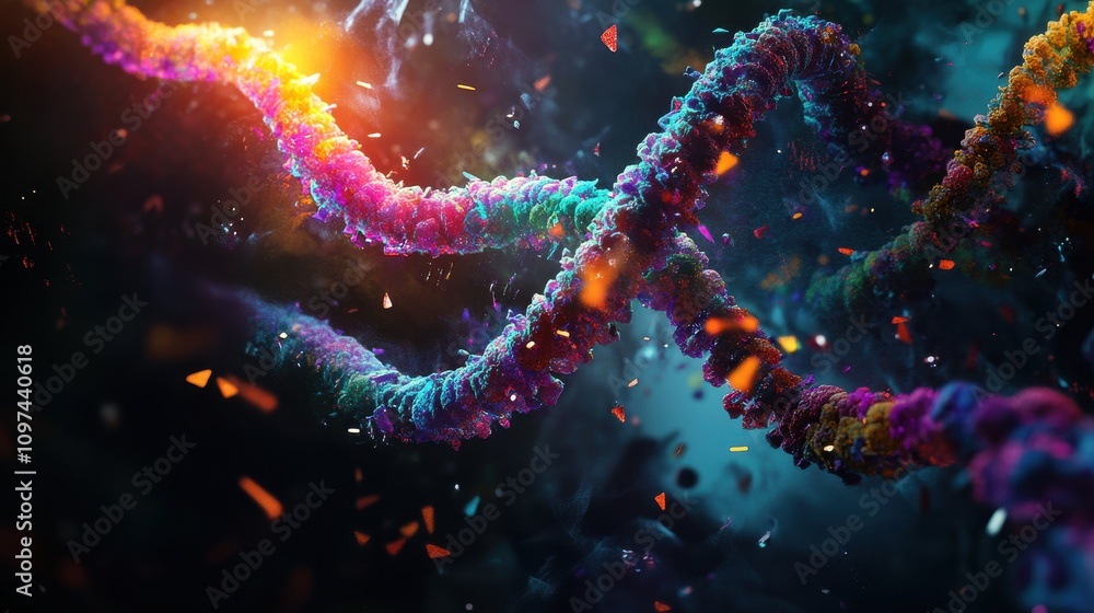 Poster vibrant abstract dna helix colorful 3d rendering of genetic code with glowing particles