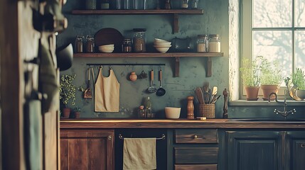 Rustic Kitchen Interior Design with Wooden Cabinets and Herbs