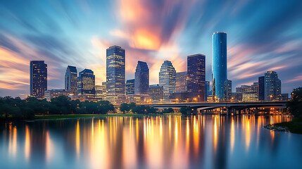 Fototapeta premium A dramatic view of a city skyline at dusk as the lights of skyscrapers and bridges begin to shine against a darkening sky 